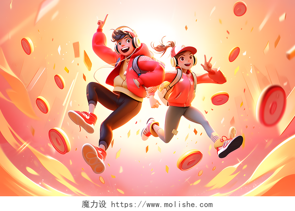 3D卡通购物狂欢日两个青年开心跳跃AI插画